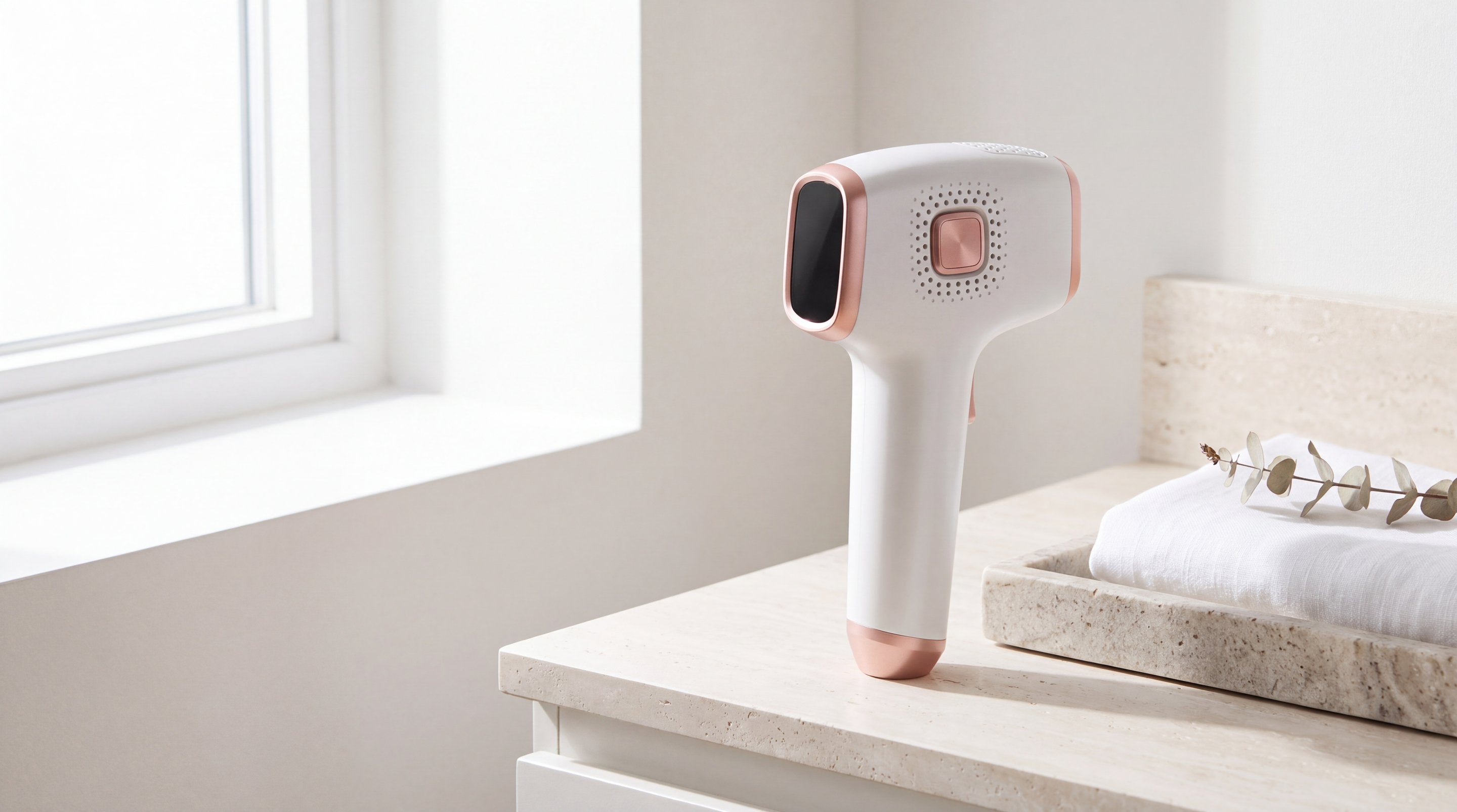 The Pearl 01 standing on a travertine bathroom counter beside a folded towel