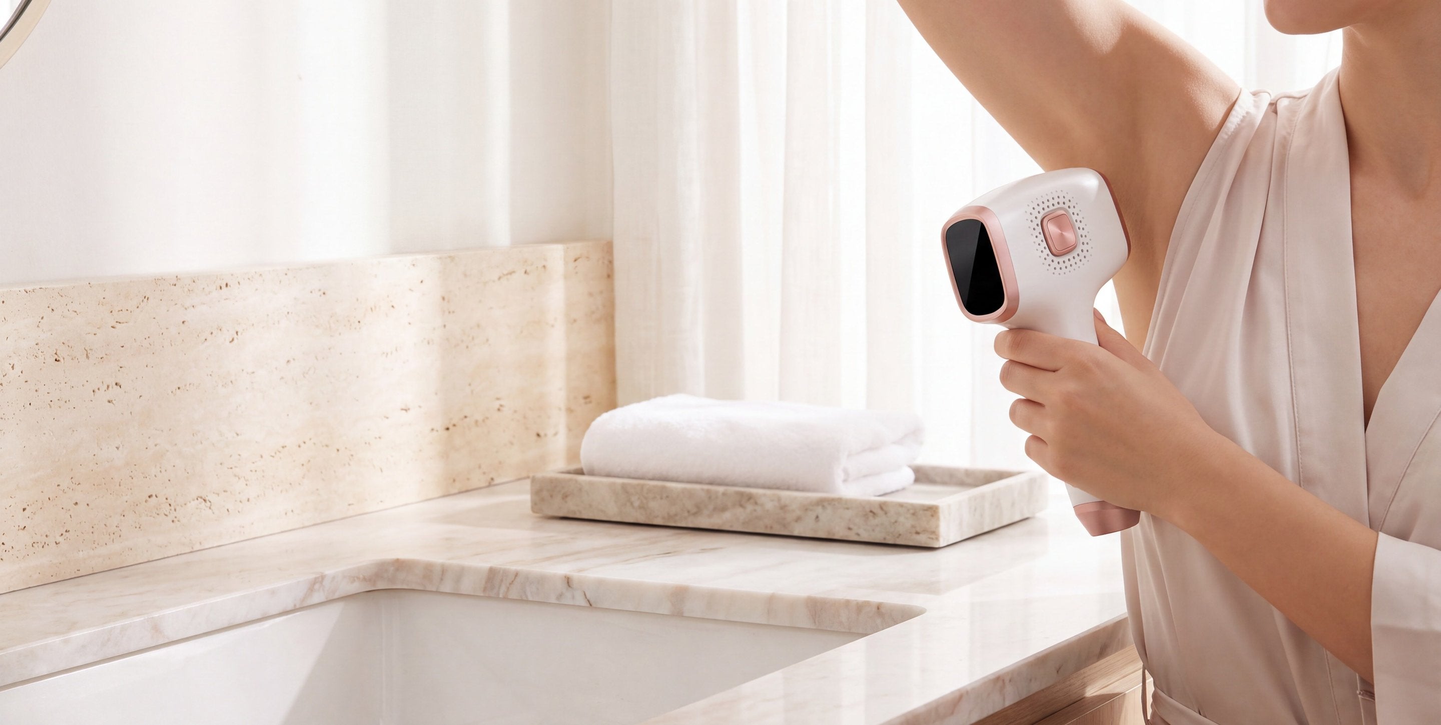 A woman treating her underarm with the Pearl 01 at a bright bathroom vanity