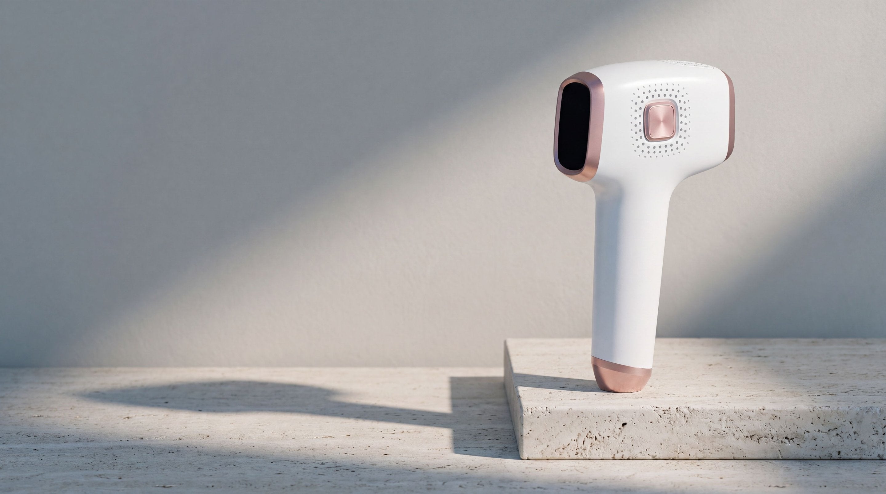 The VIENA Pearl 01 standing on a travertine plinth in raking morning light