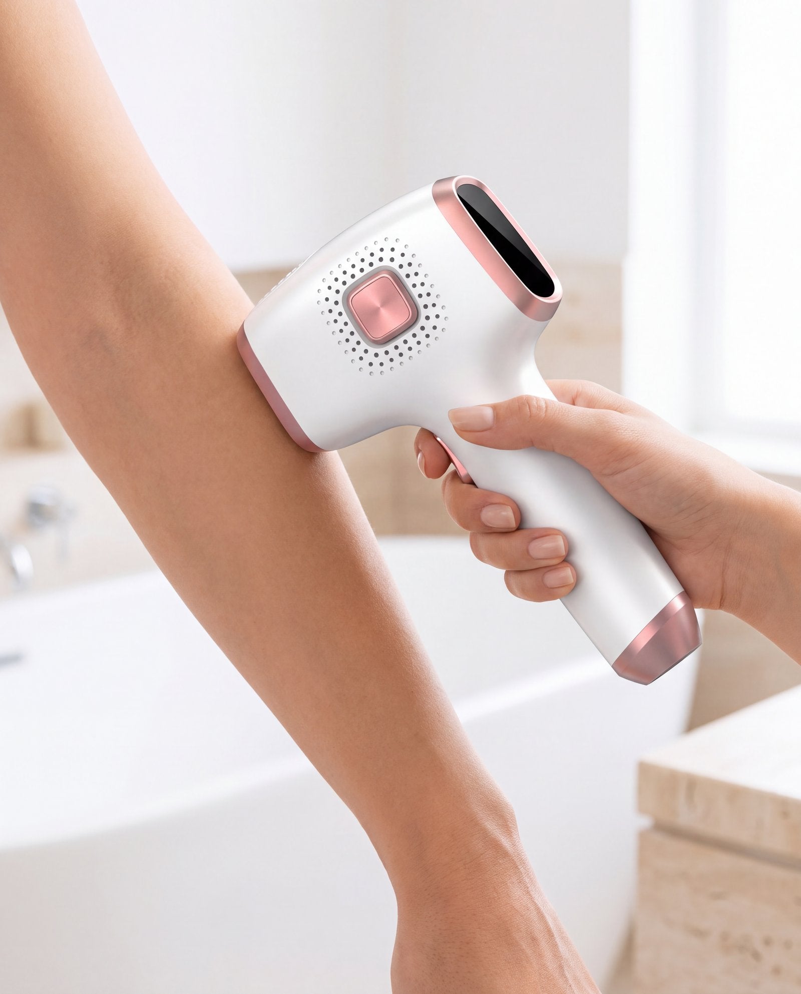 The Pearl 01 cooling plate held flat against a forearm