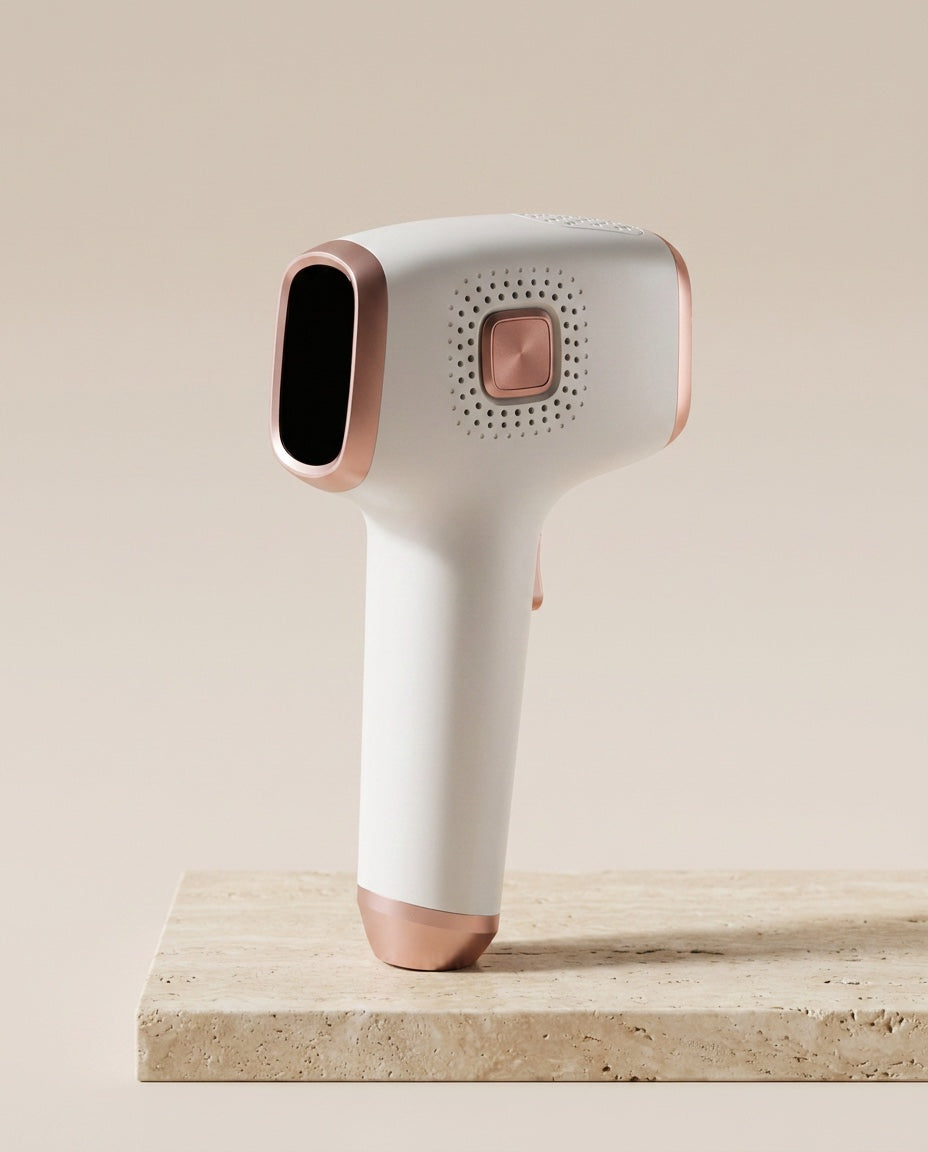 The Pearl 01 IPL device standing upright on travertine, side display at rest