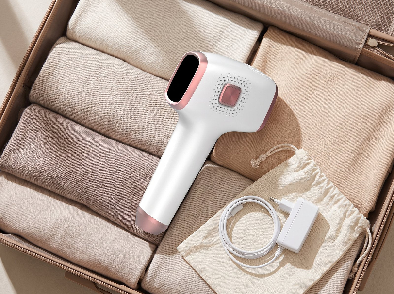 The Pearl 01 packed in an open carry-on beside its adapter, coiled cable and drawstring pouch
